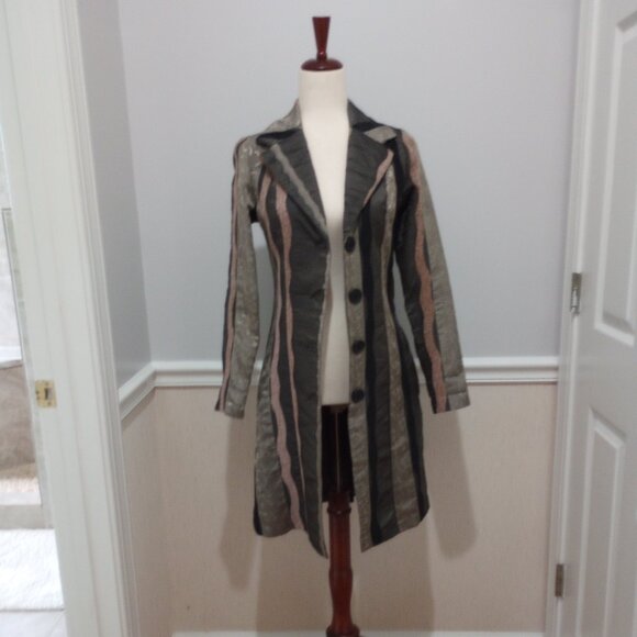 Designer Coat Dress sz S Gray Taupe Seda Silk Panel Topper - Picture 1 of 15